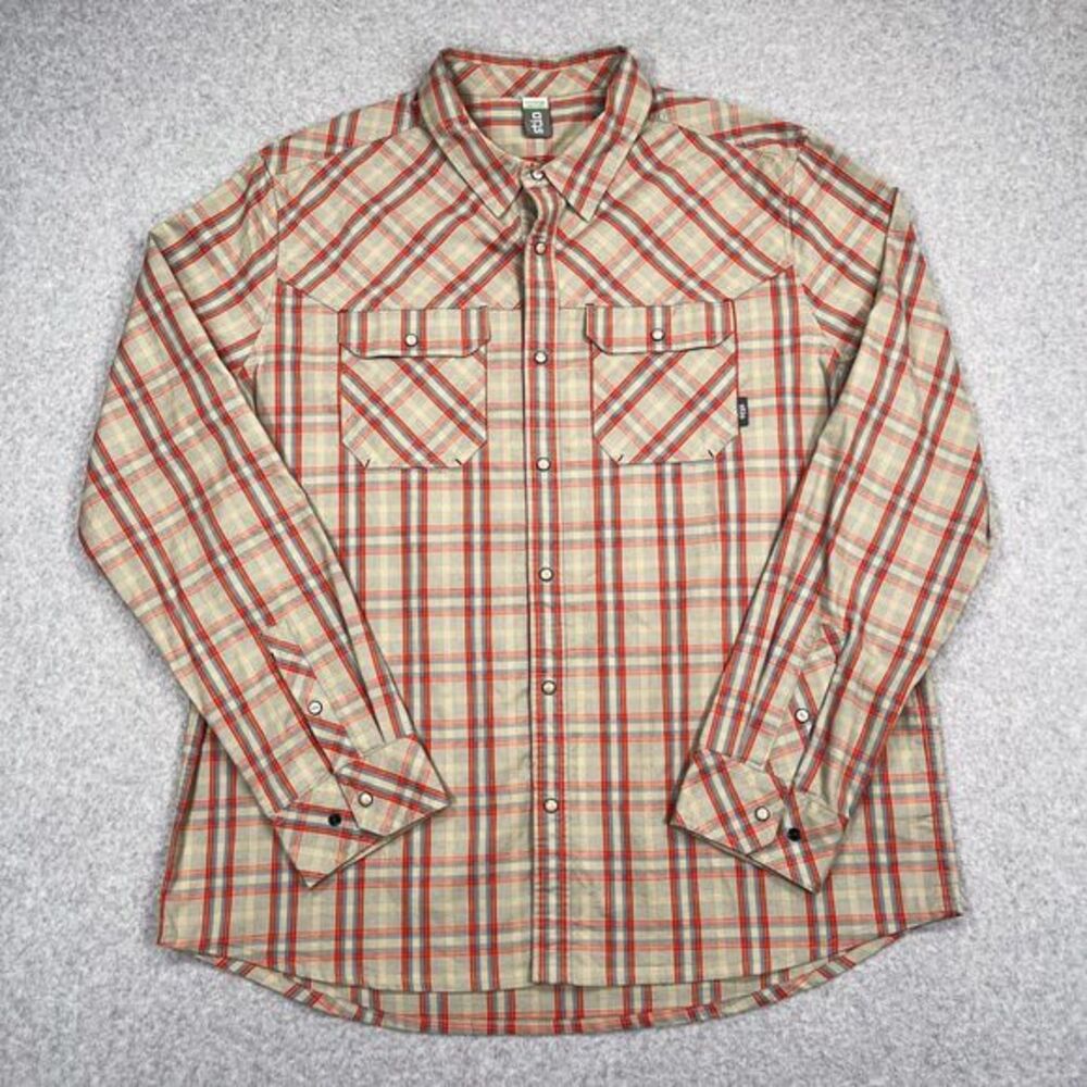 Stio Shirt Mens 2XL‎ Hayden Orange Plaid Flannel Western Pearl Snap Long Sleeve